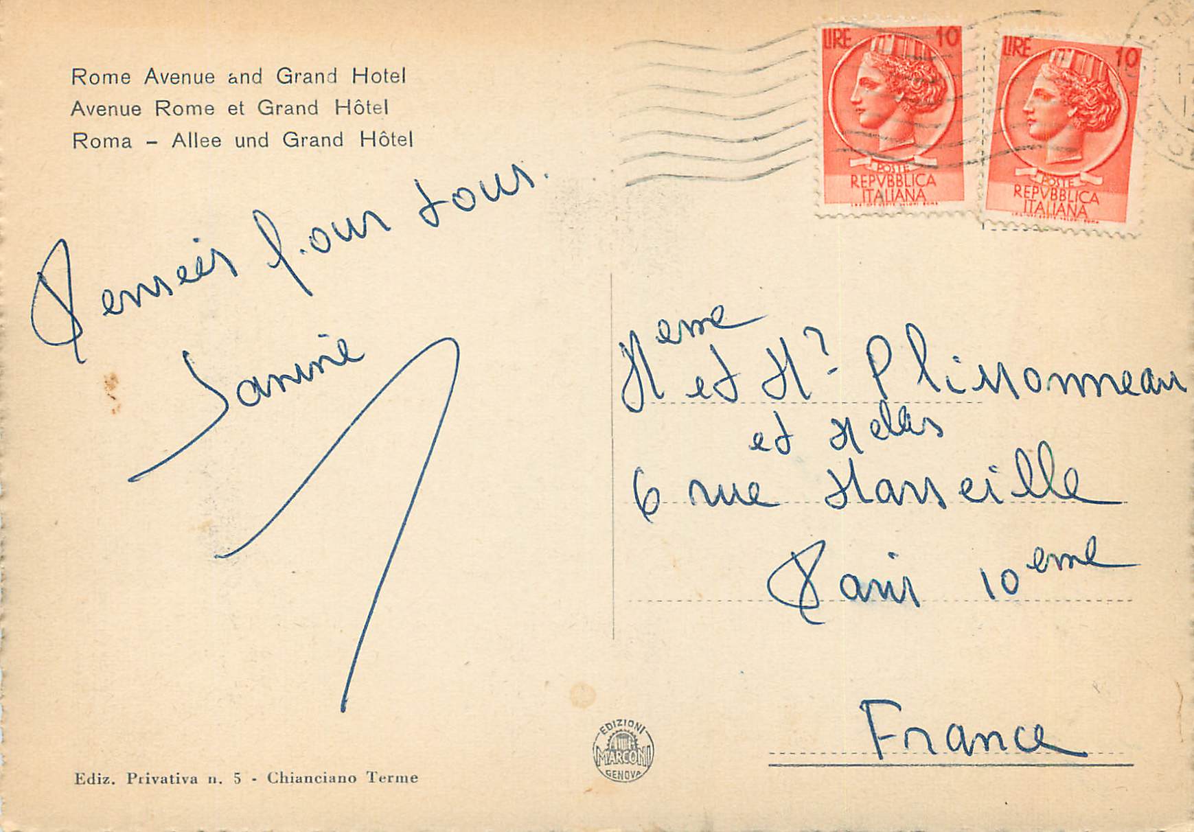 CPM Chianciano Terme Viale Roma e Grand Hotel (Avenue Rome et Grand Hotel) — Rückseite