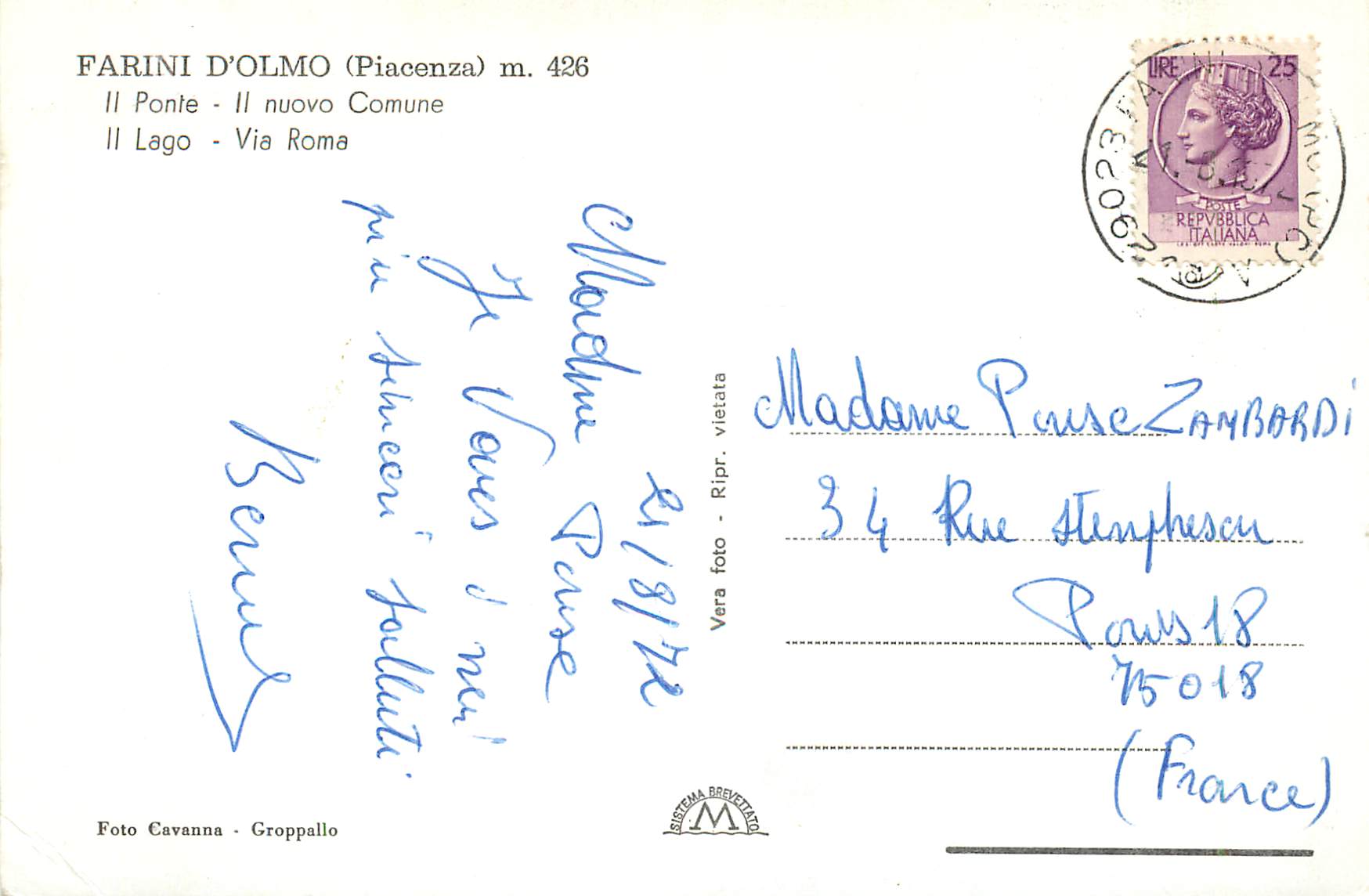CPM Farini D'Olmo (Piacenza) m 426 Il Ponte Il Nouvo Comune Il Lago Via Roma — Back