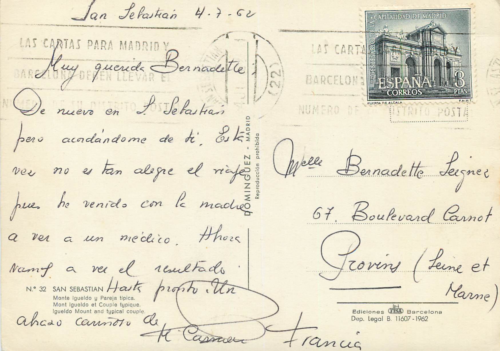 CPM San Sebastian Mont Igueldo — Verso