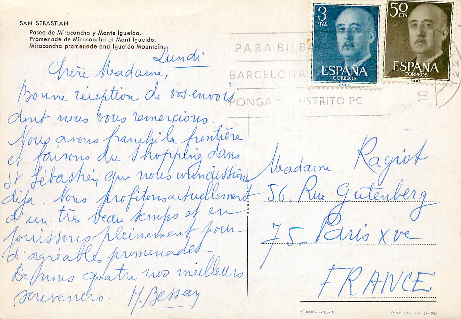 CPM San Sebastian Promenade de Micaconcha et Mont Igueldo — Rückseite