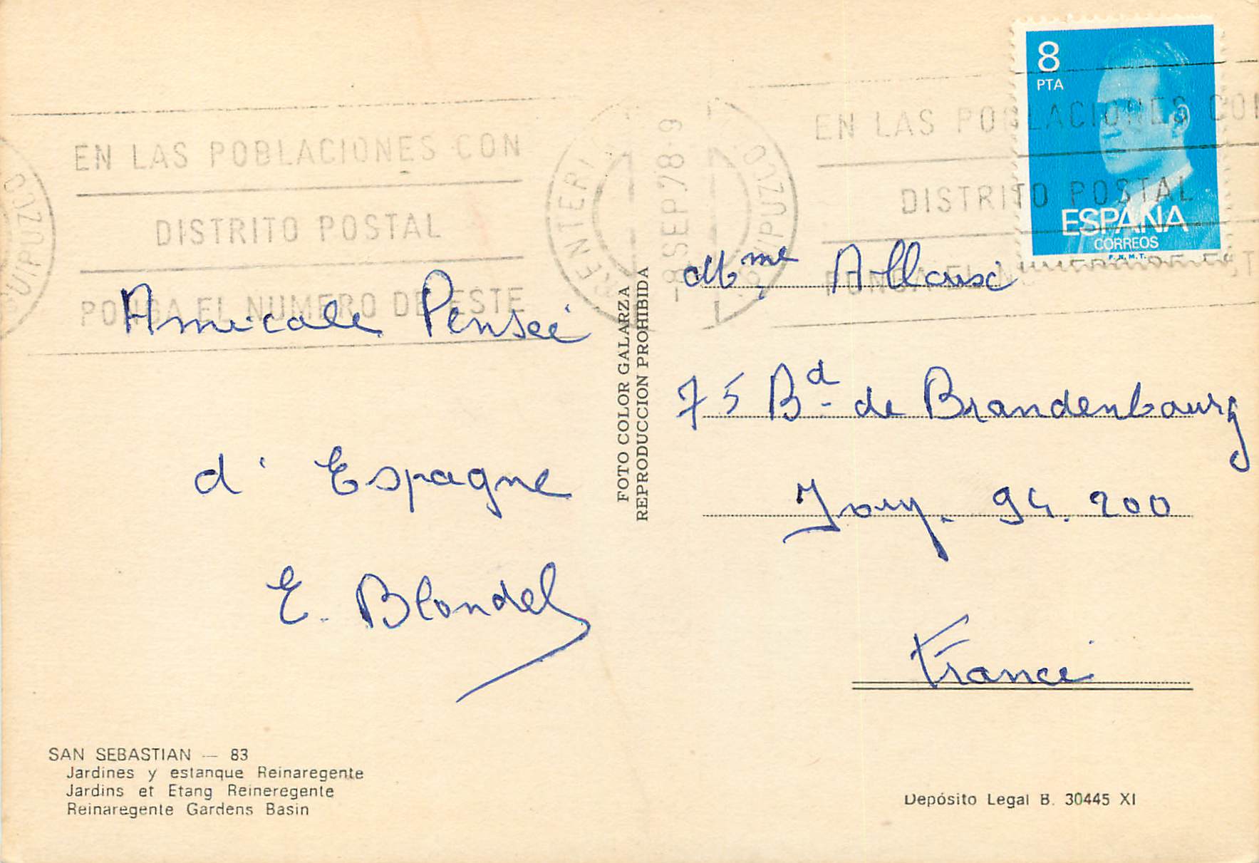 CPM San Sebastian Jardins et Etang Reineregente — Rückseite