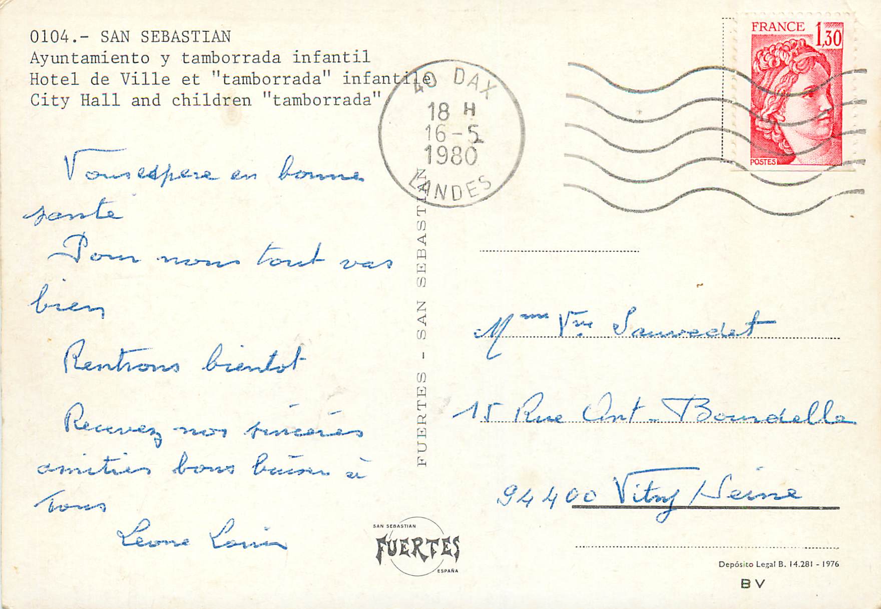 CPM San Sebastian Hotel de Ville et Tamborrada Infantil — Verso