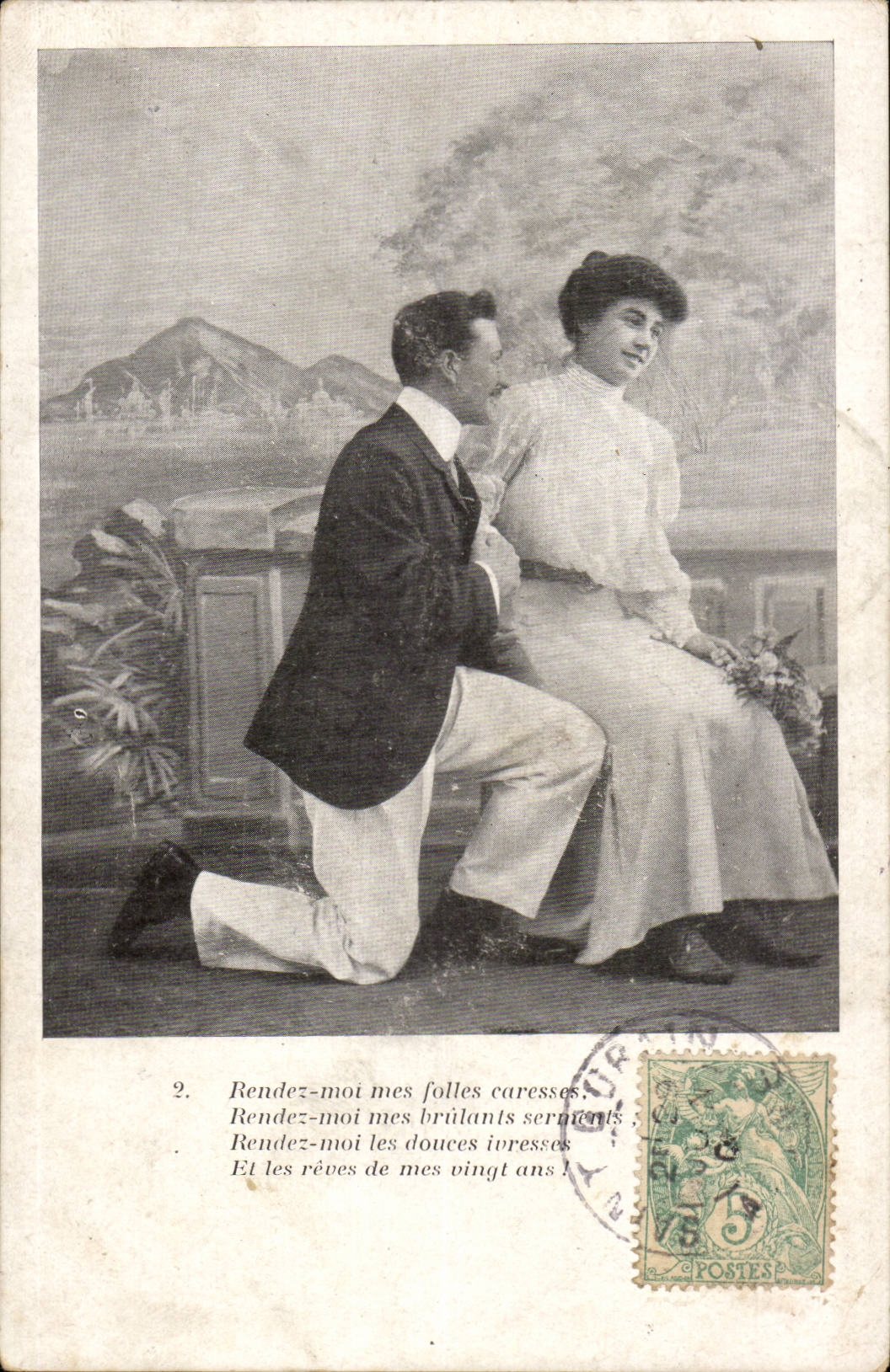 Junges Paar in romantischer Szene — poetischer Text — unbekannter Verleger, Nr. 2