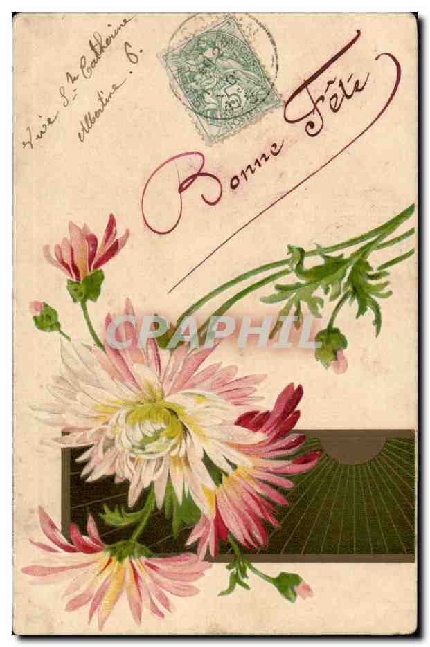 Voeux - Bonne Fete - fleur - pink and white flowers - CPA 