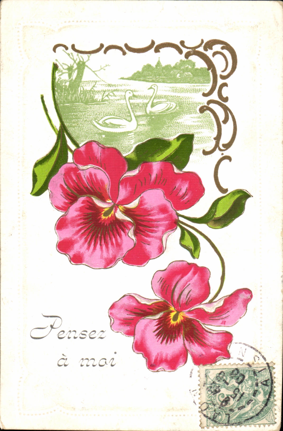 Voeux - Pensez a moi - fleur - pansy -swan - cygne - CPA 