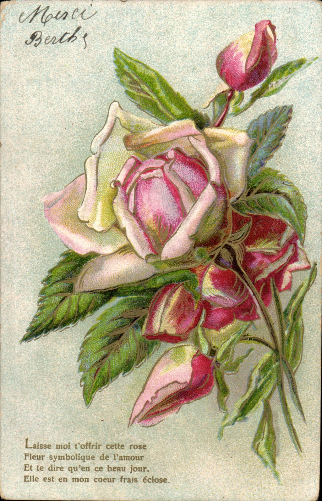 Voeux - fleur - flower - rose - pink - Laisse moi t'offrir cette rose - Fleur symbolique de l'amour - CPA 