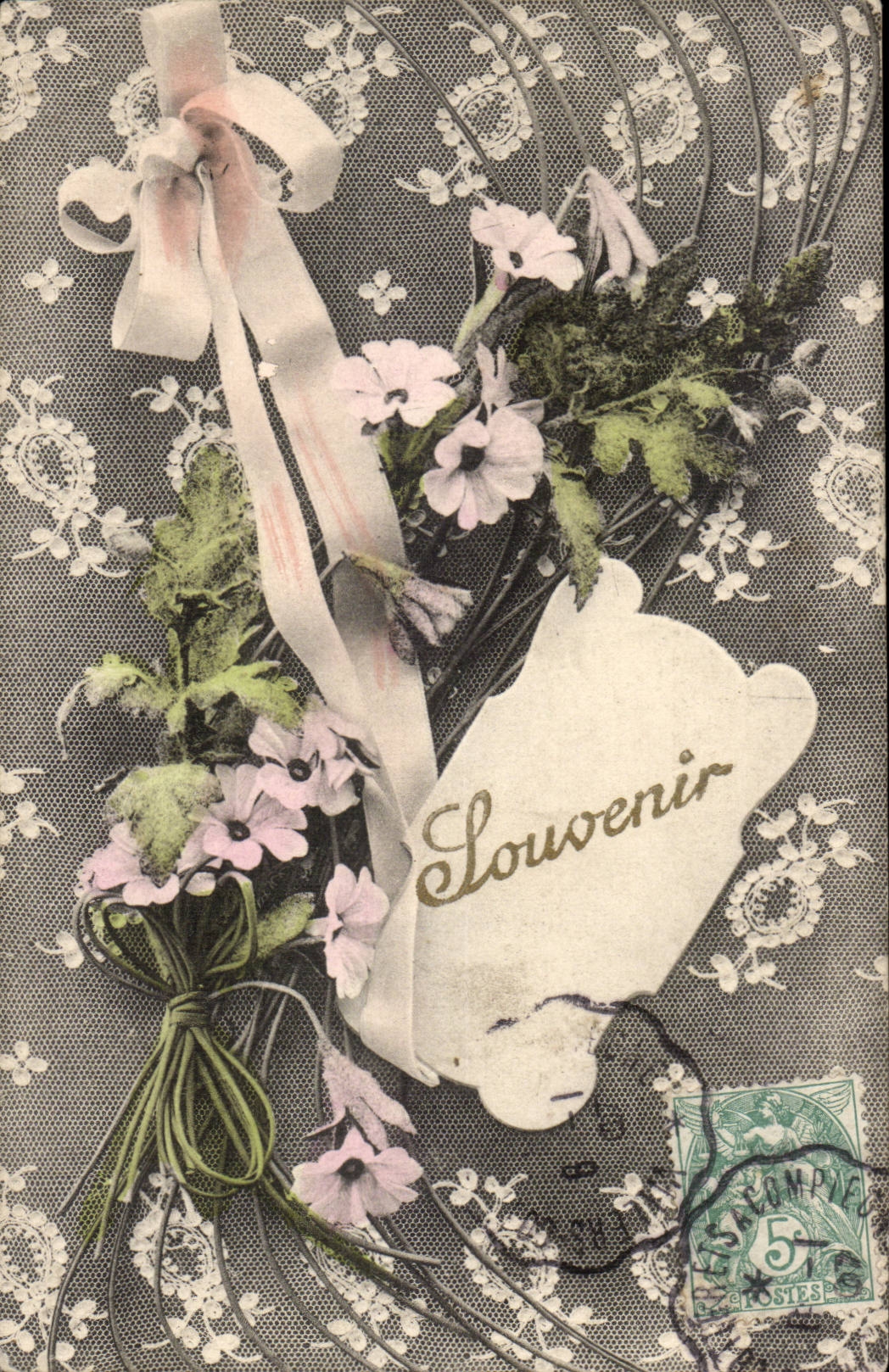 Voeux - fleur - flower - white - lace - Souvenir -ribbon - CPA 