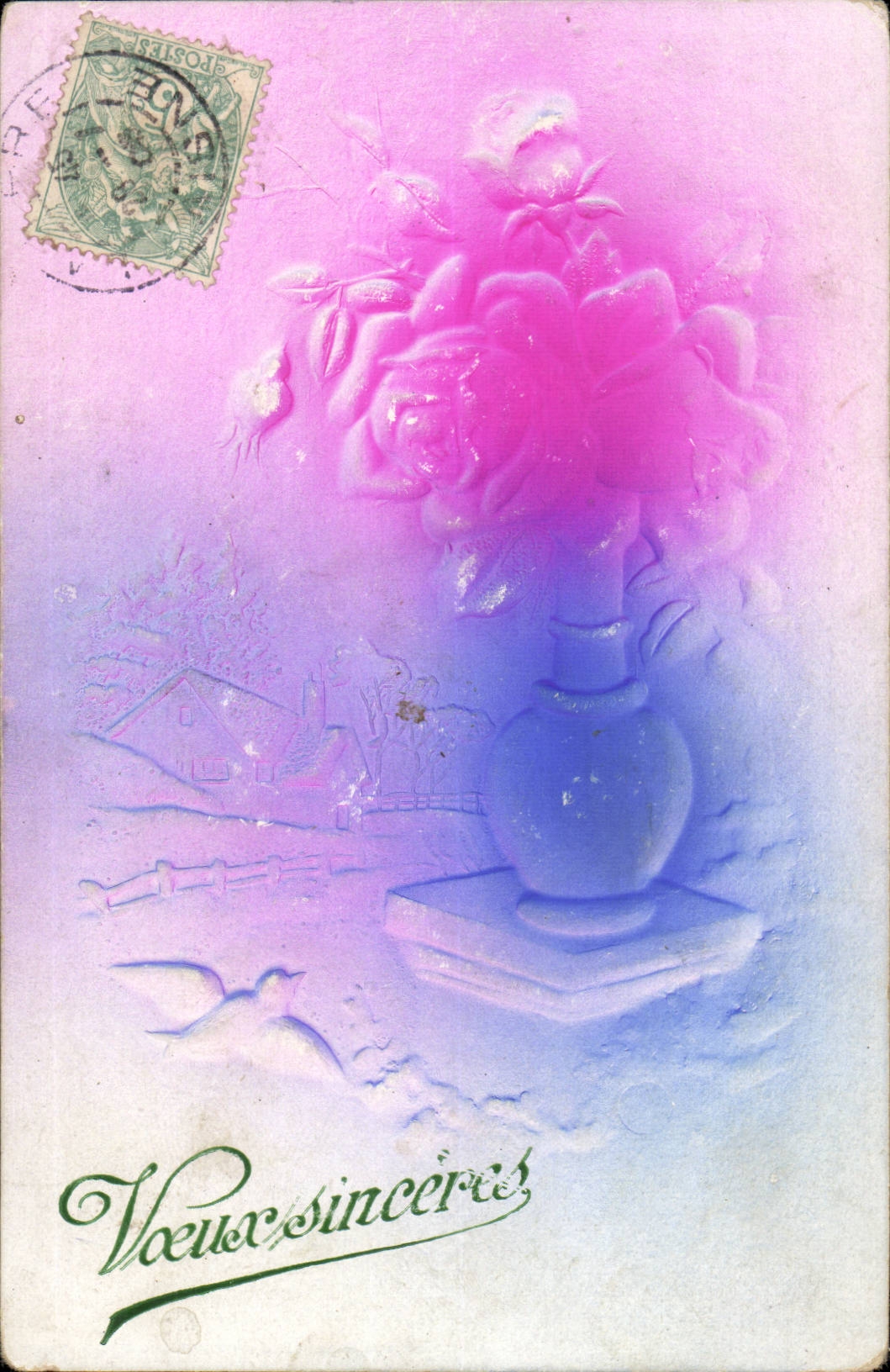 Voeux - fleur - flower - rose in vase - sincers - oiseau - bird - CPA 