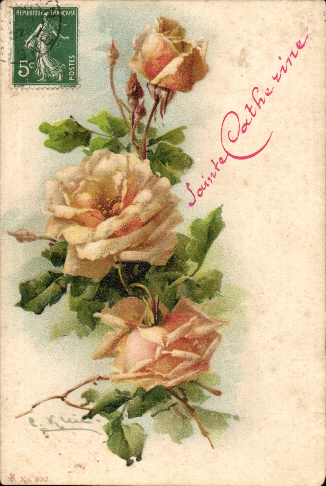 Voeux - fleur - flower - rose - jaune - yellow - Saint Catherine- CPA 