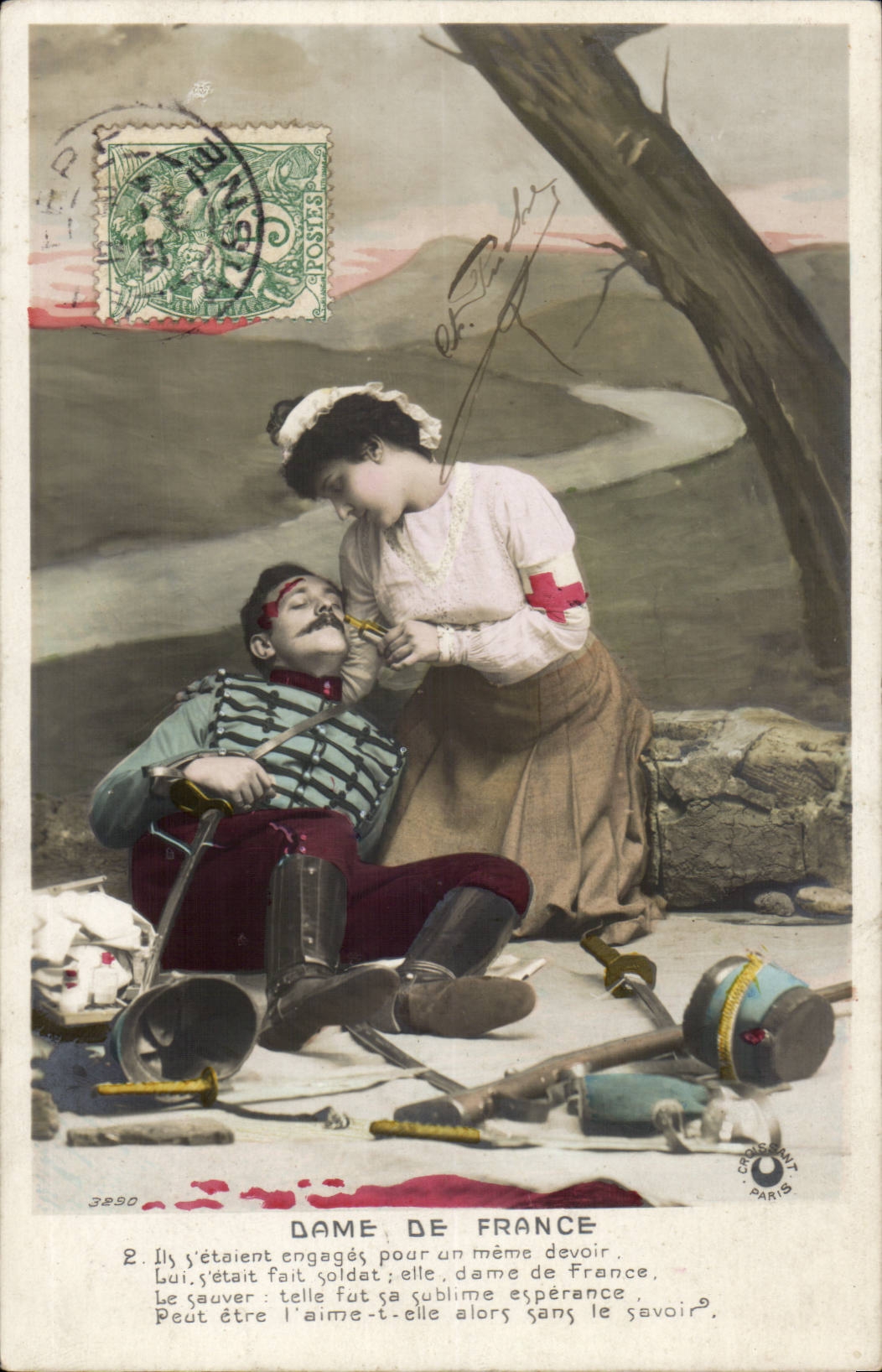 Fantaisie - Militaria - Dame de France - elle vit un blesse qui respirait encor - croix rouge - soldat - CPA 