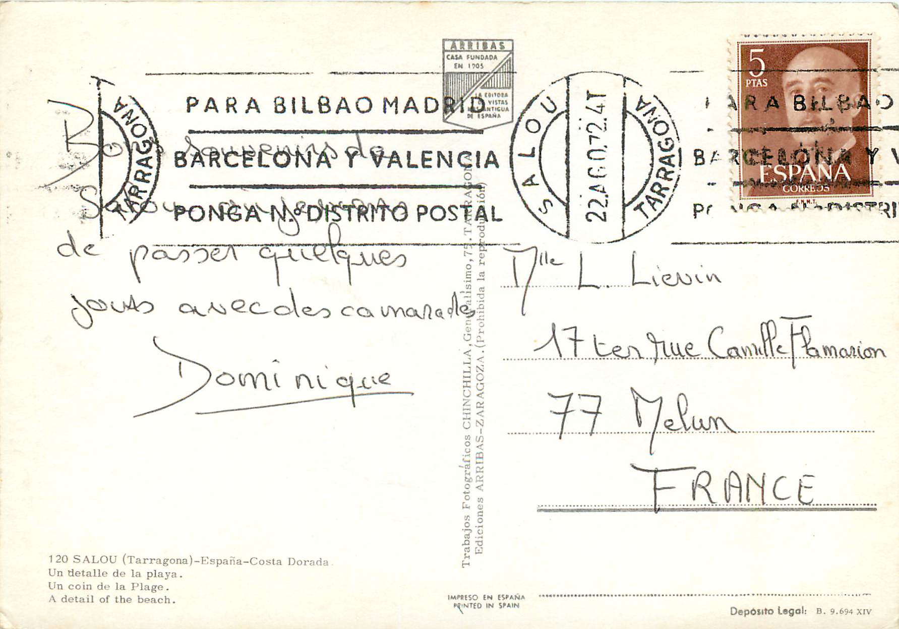 CPM Salou (Costa dorada) espana un coin de la plage Avion — Rückseite
