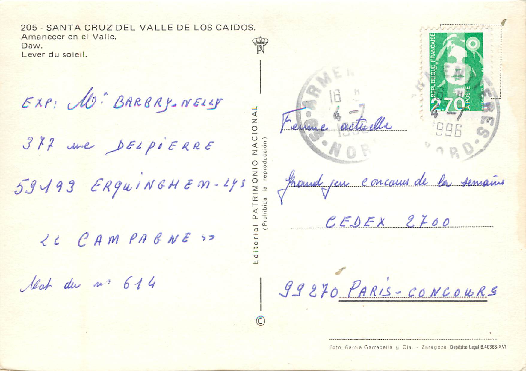 CPM Santa cruz del valle de los caidos lever du soleil — Rückseite