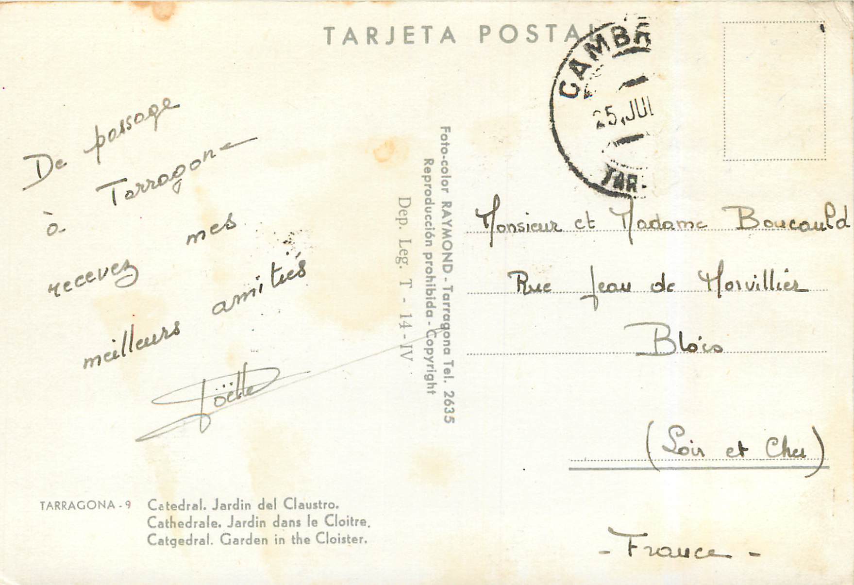 CPM Tarragona (Costa Dorada)Cathedrale Jardin dans le Cloitre — Rückseite