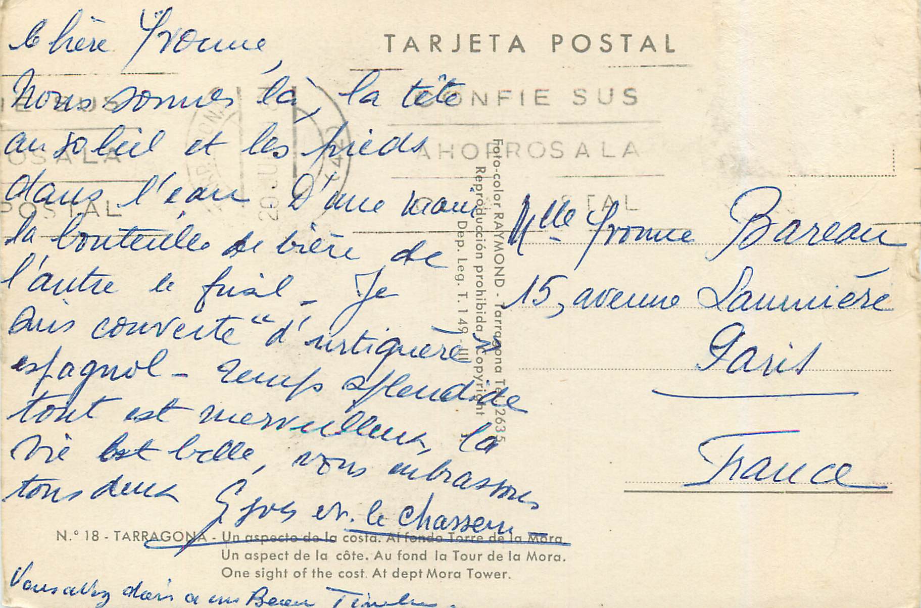 Vue de la côte de Tarragone — Tour de la Mora — Éditeur RAYMOND, n°18 — Reverso
