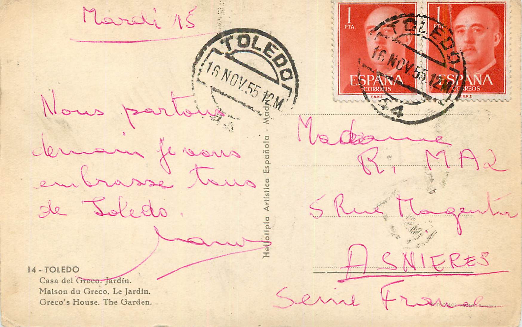 CPM Toledo Maison du Greco Le Jardin — Rückseite
