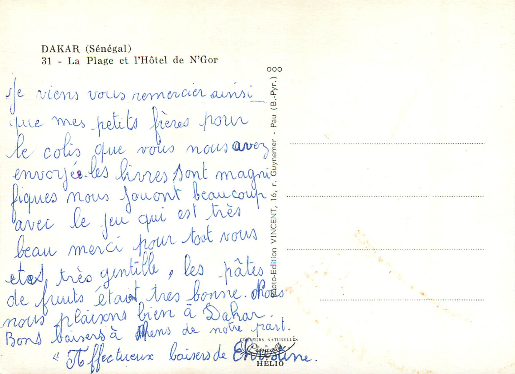 CPM Senegal Dakar La Plage et l'Hotel de N'Gor — Rückseite
