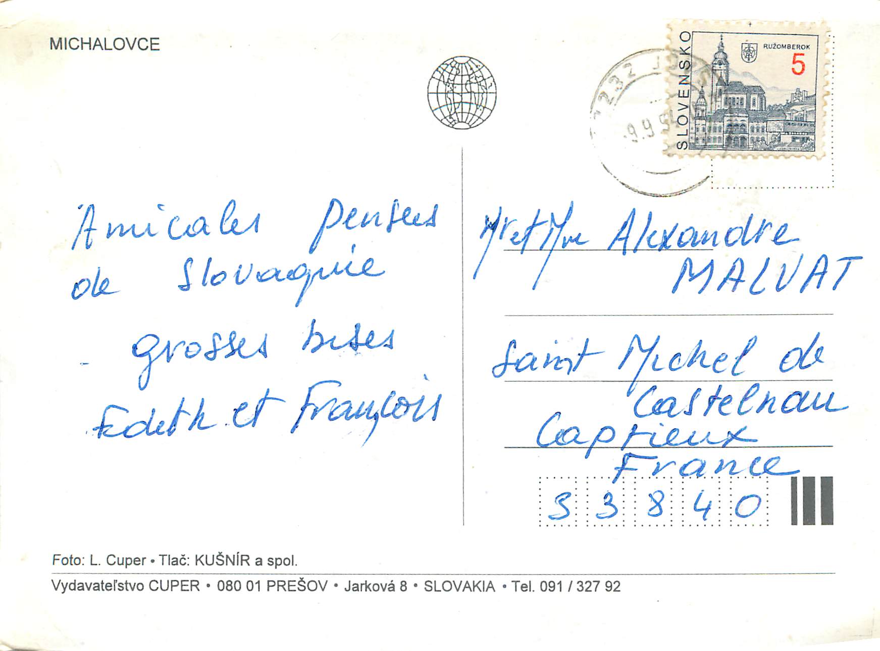 Michalovce — vue panoramique et bâtiments — éditeur Cuper, série 080 01 PREŠOV — Rückseite