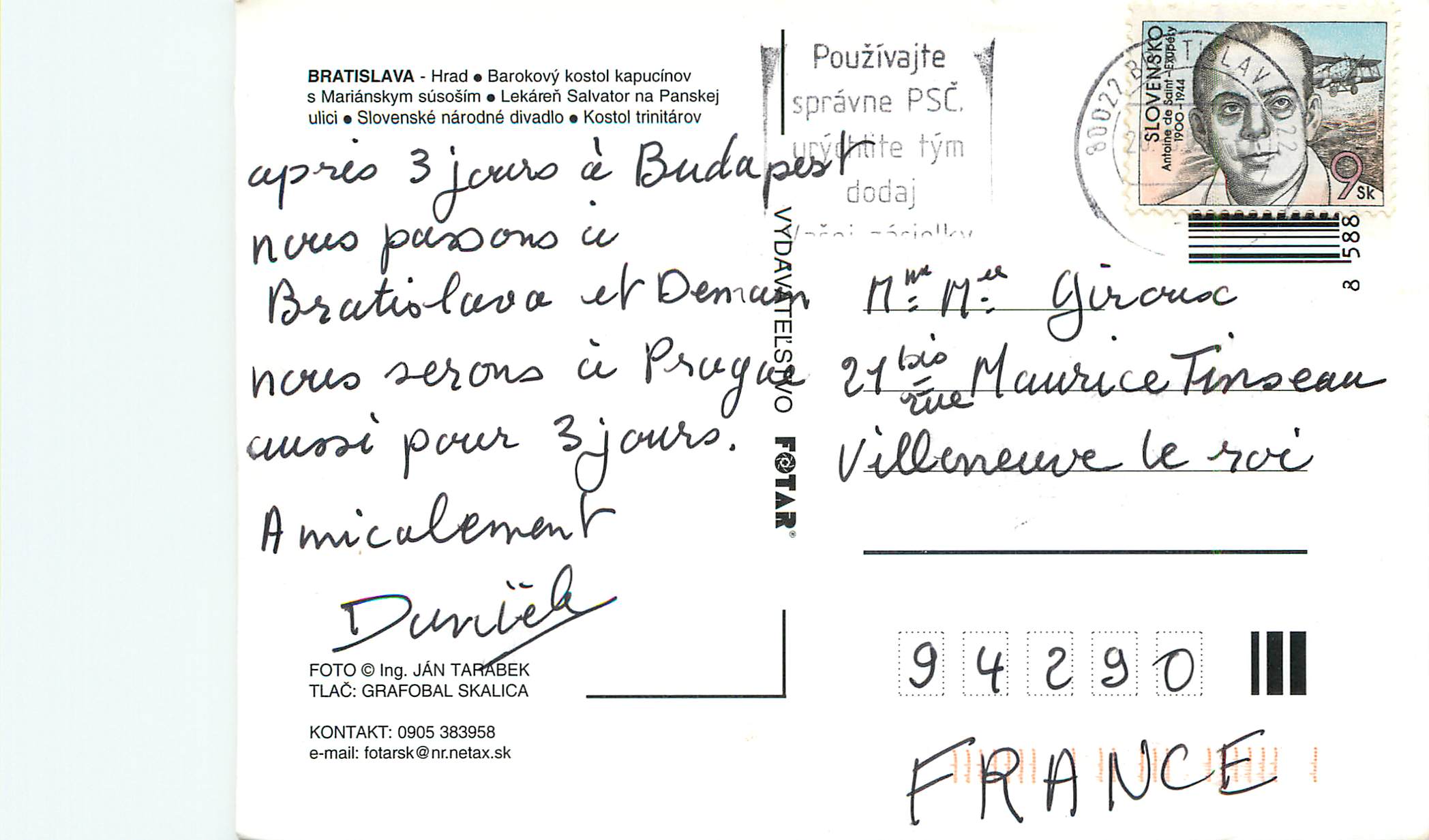Bratislava — vue panoramique avec château, églises et bâtiments — éditeur Fotobal Skalica, n° 94290 — Rückseite