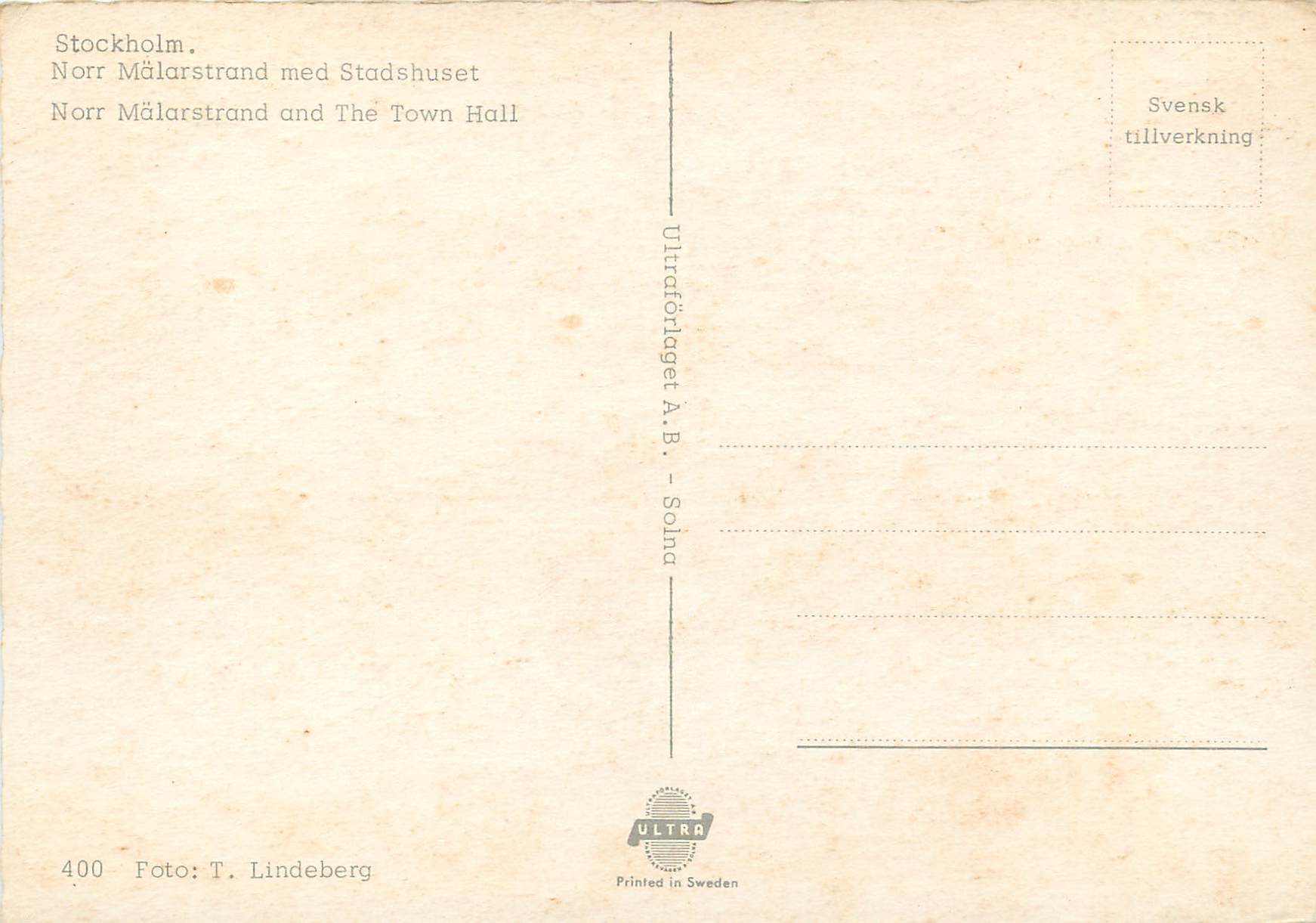 CPM Stockholm Norr Malarstrand and the Town Hall — Rückseite