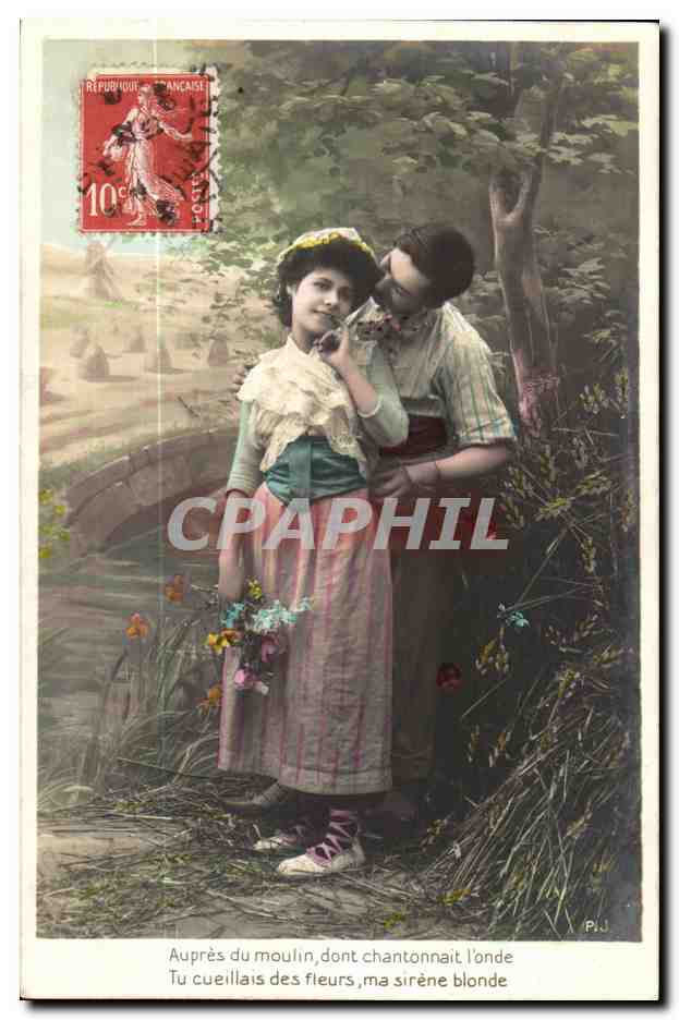 Auprès du moulin, dont chantonnait l'onde — jeune couple au bord d'un étang — P.J. (éditeur)