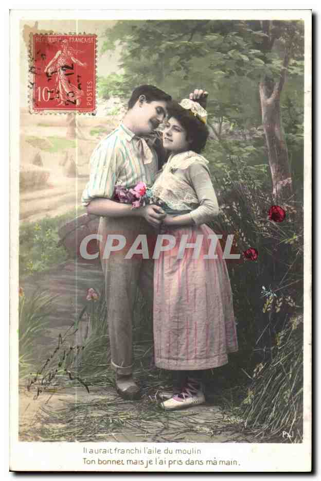Fantaisie - couple - Il aurait franchi l'aile du moulin ton bonnet mais je l'ai pris dans ma main - CPA 