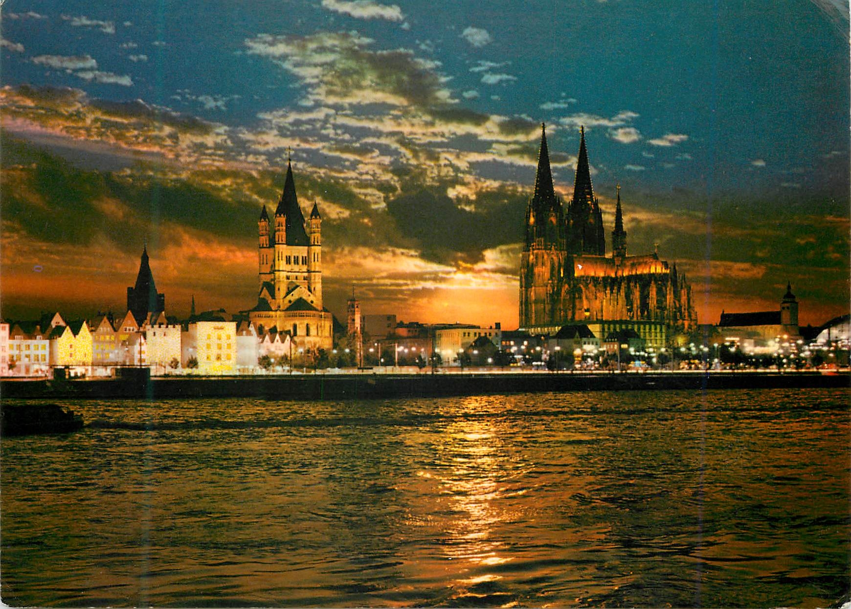 CPM Koln am Rhein rheinufer mit dom und grob st Martin bei sonnenuntergang