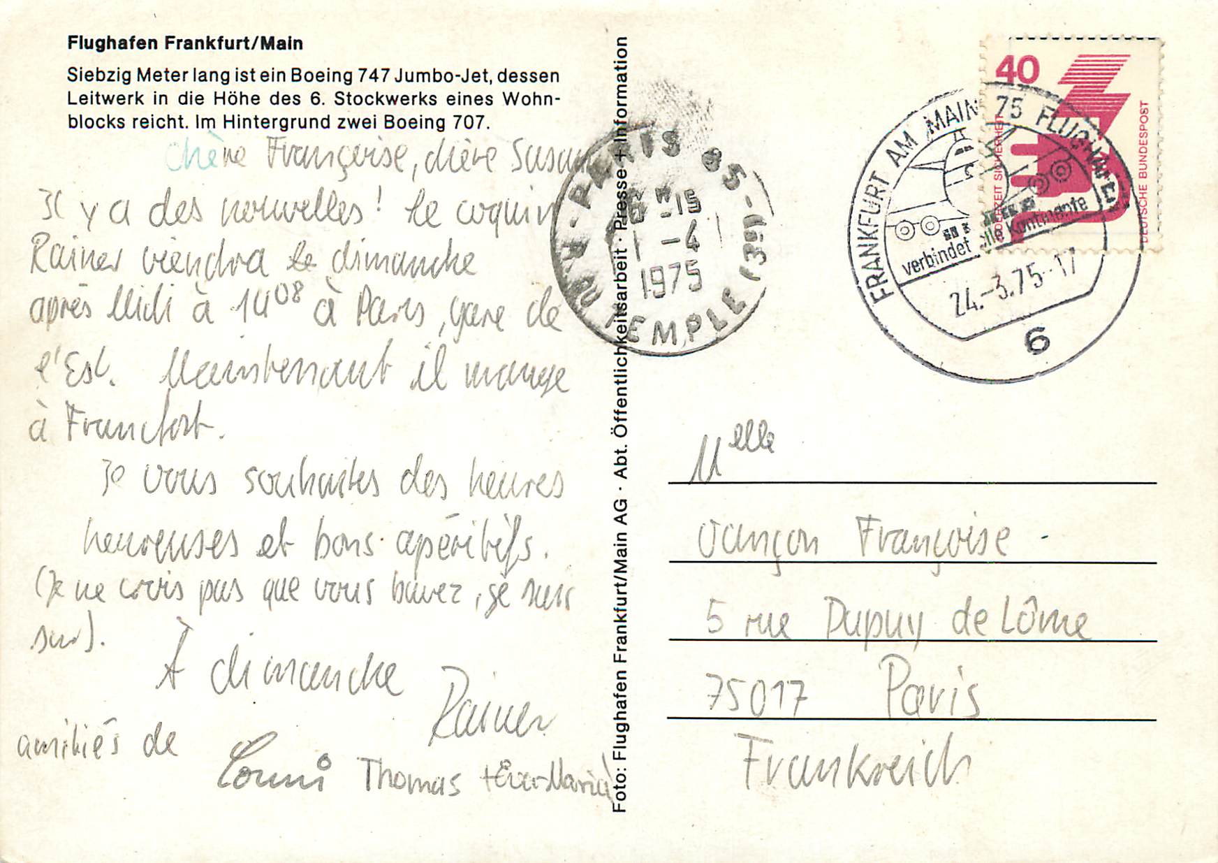 CPM Frankfurt Am Main Avion Pan Am — Rückseite