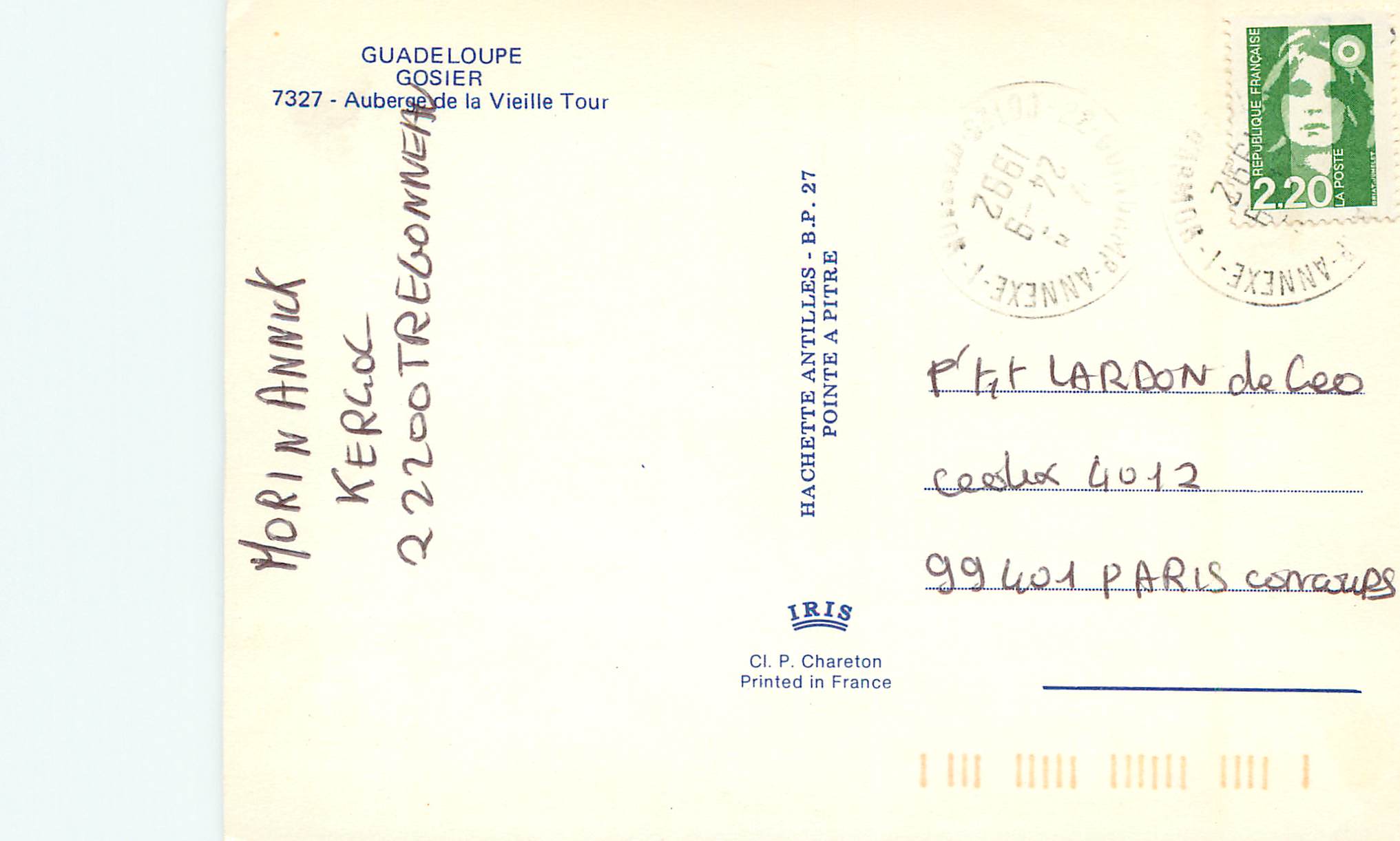 CPM Guadeloupe Gosier Auberge de la Vieille Tour — Rückseite