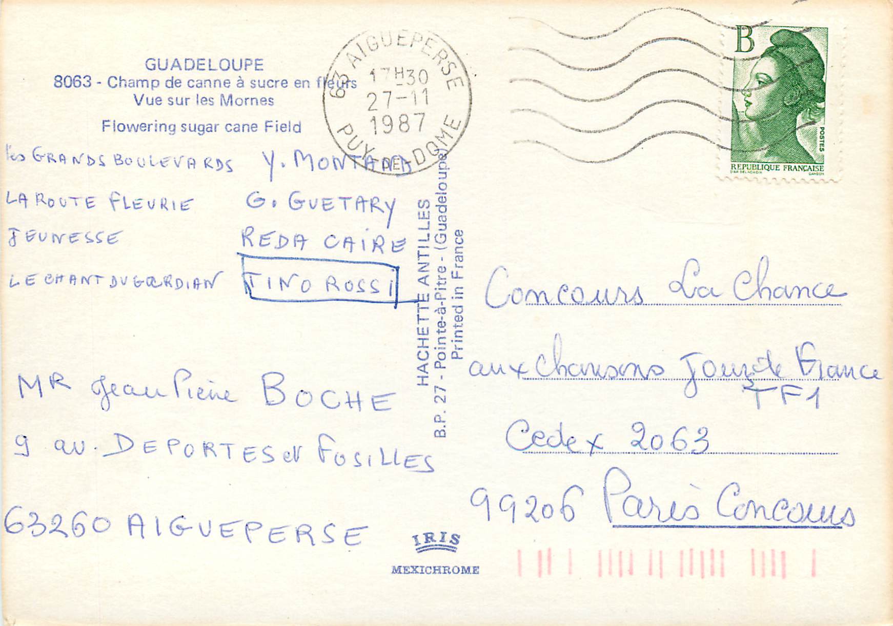 CPM Guadeloupe Champ de canne a sucre en fleurs — Rückseite