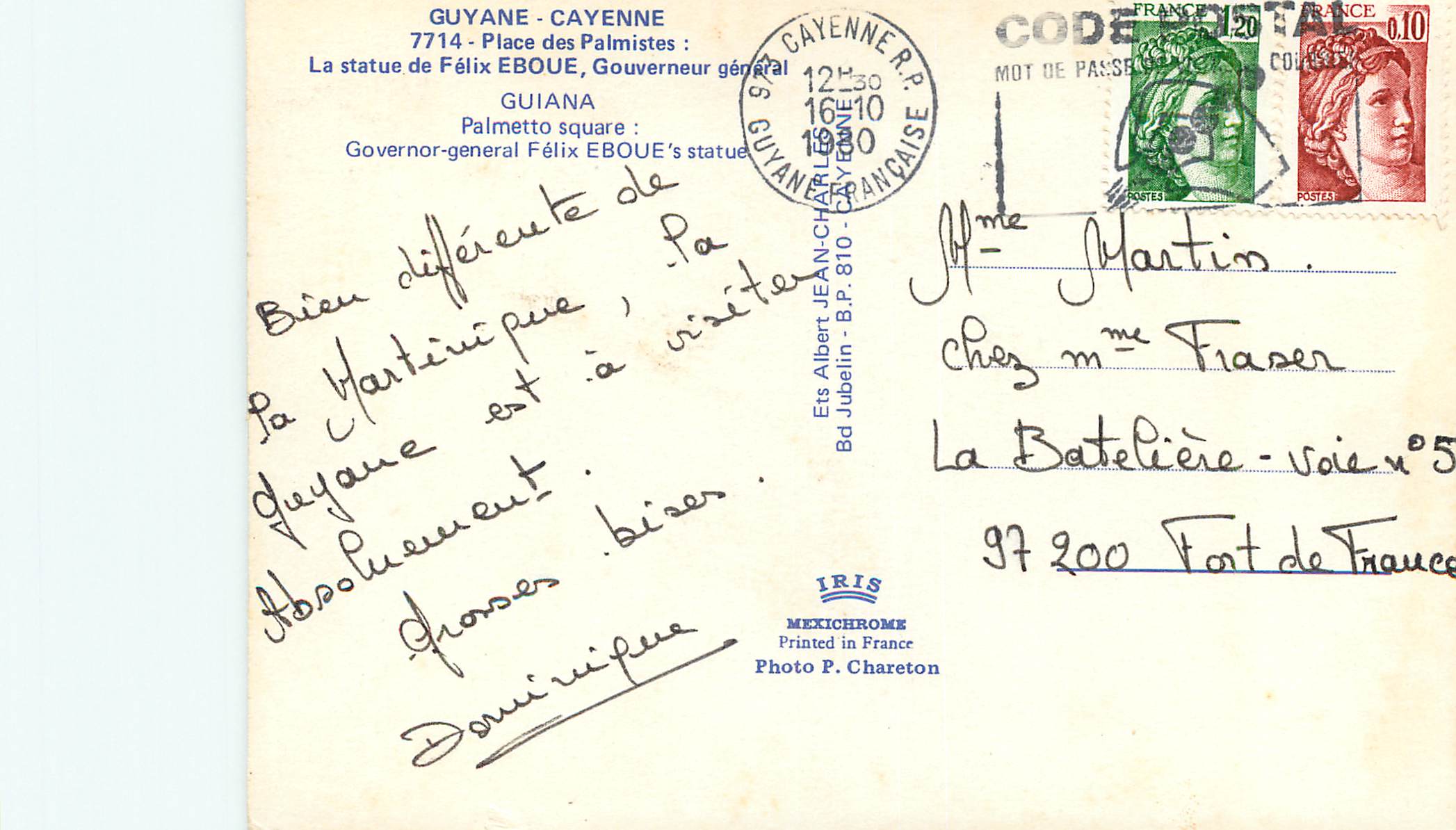 CPM Guyane Francaise Cayenne Place des Palmistes La statue de Felix Eboue Gouverneur General — Rückseite