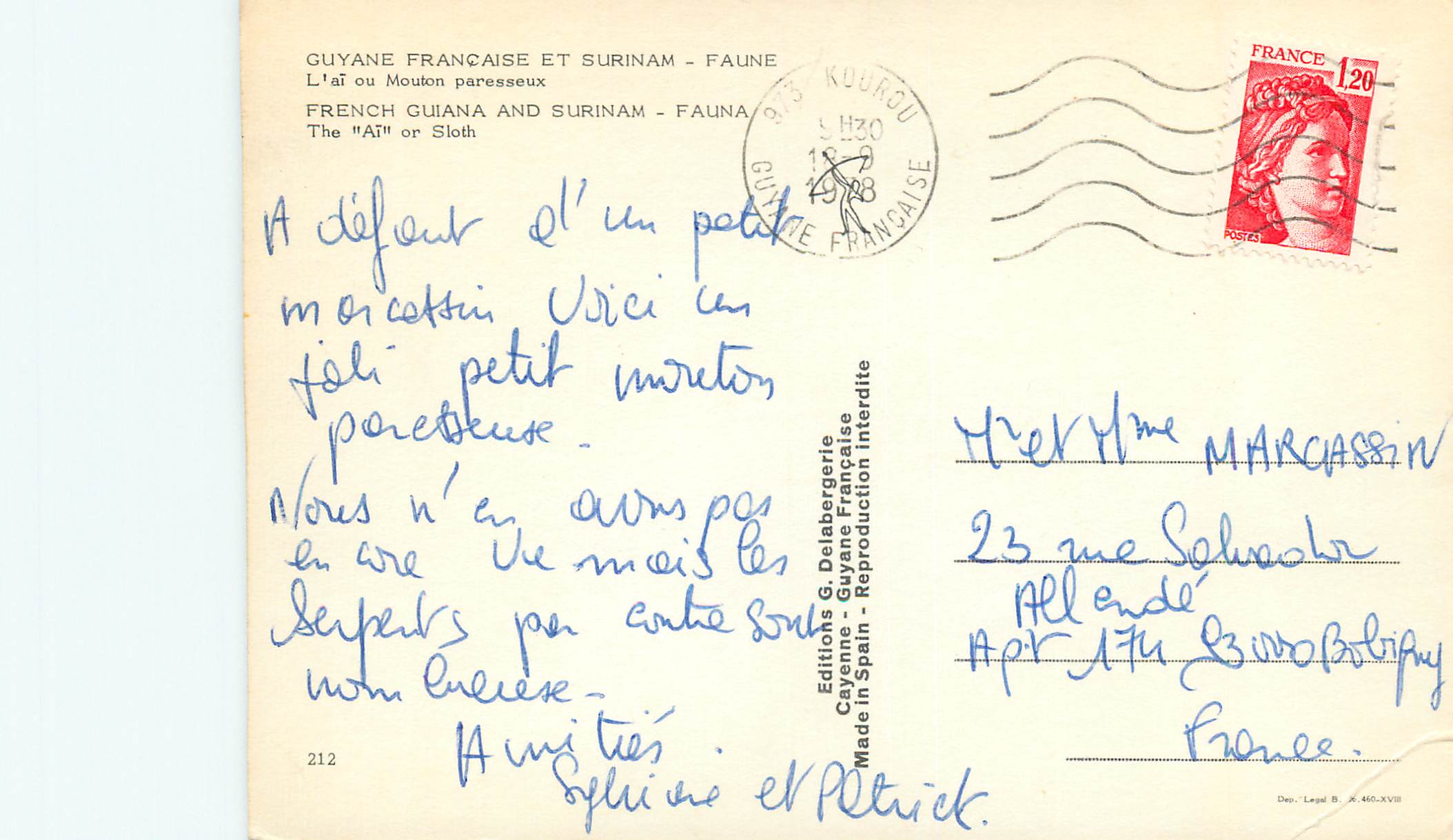 CPM Guyane Francaise et Surinam Faune L'ai ou Mouton paresseux — Rückseite