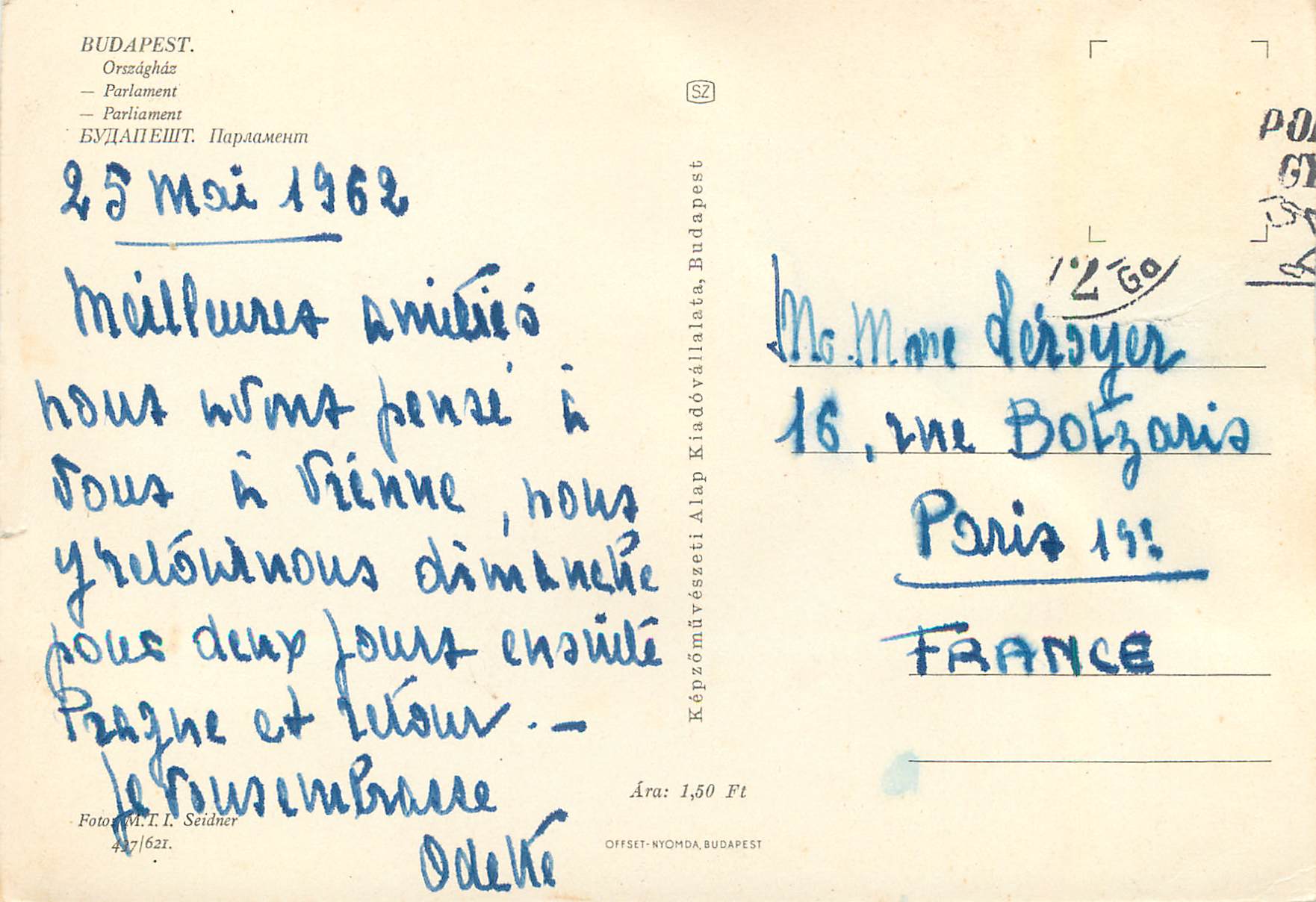 Budapest — Palais du Parlement — Éditeur Képzművészeti Alap Kiadóvállalata, Budapest — Verso