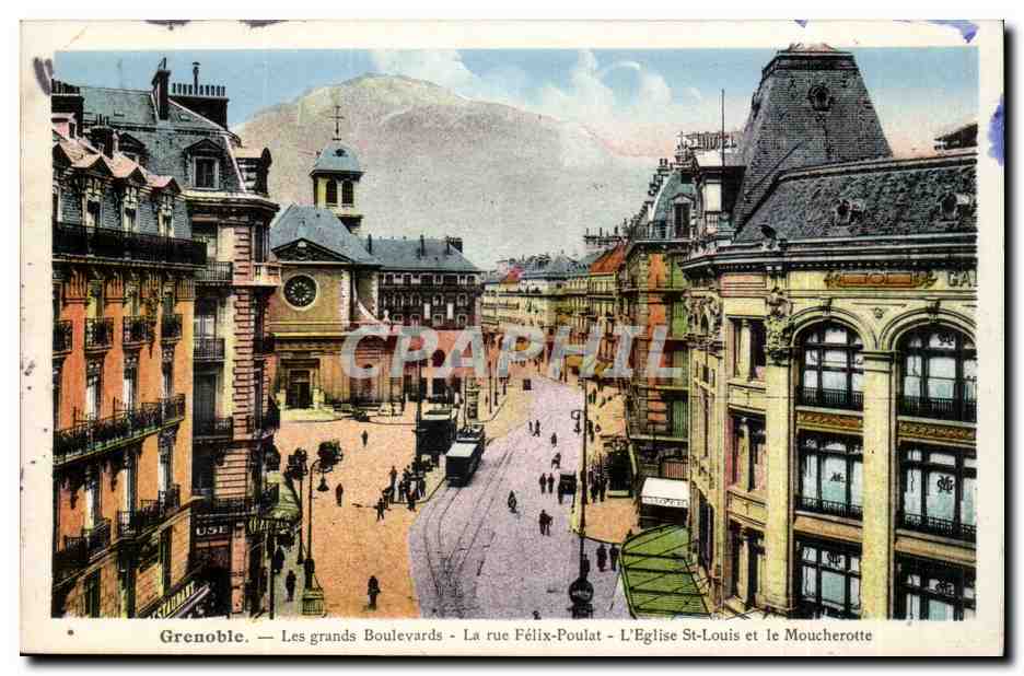 Isere - Grenoble - Les grands Boulevards La rue Felix Poulet L'Eglise St Louis et le Moucherotte - CPA 
