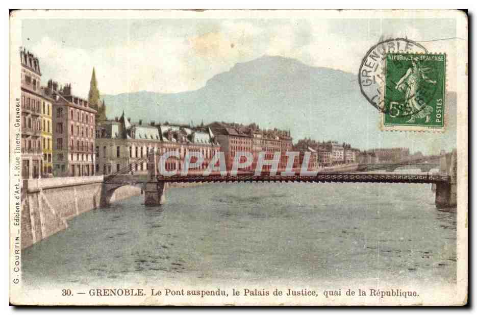 Isere - Grenoble - Le Pont suspendu le Palais de Justice quai de la Republique - CPA 