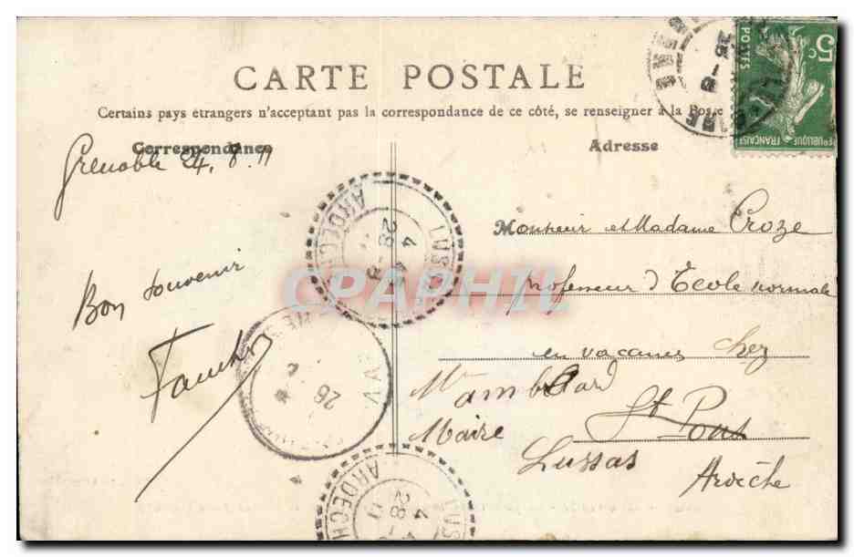 Grenoble — Le Jardin des Dauphins, la Ville et le Moucherotte — C. Baniert - Gravure (1906) — Verso