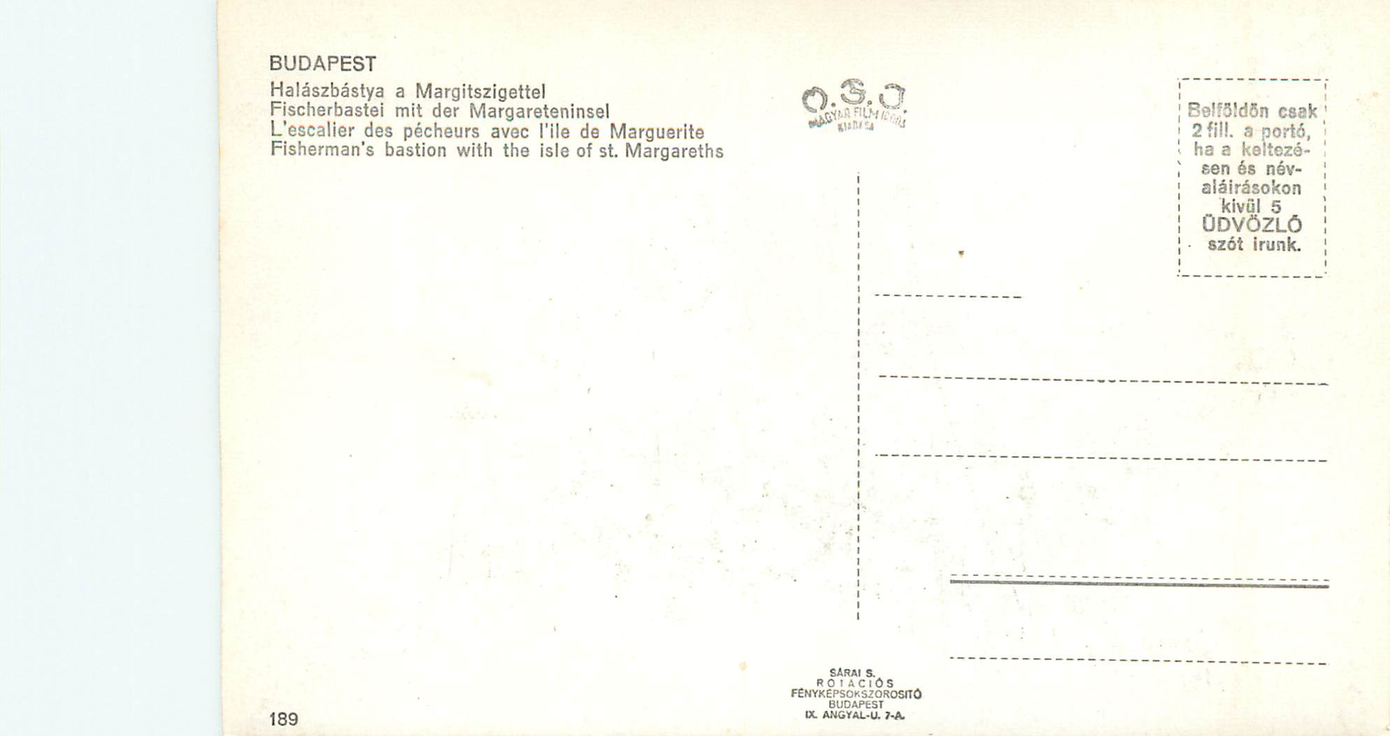 CPM Budapest l'escalier des pecheurs avec l'ile de marguerite — Verso
