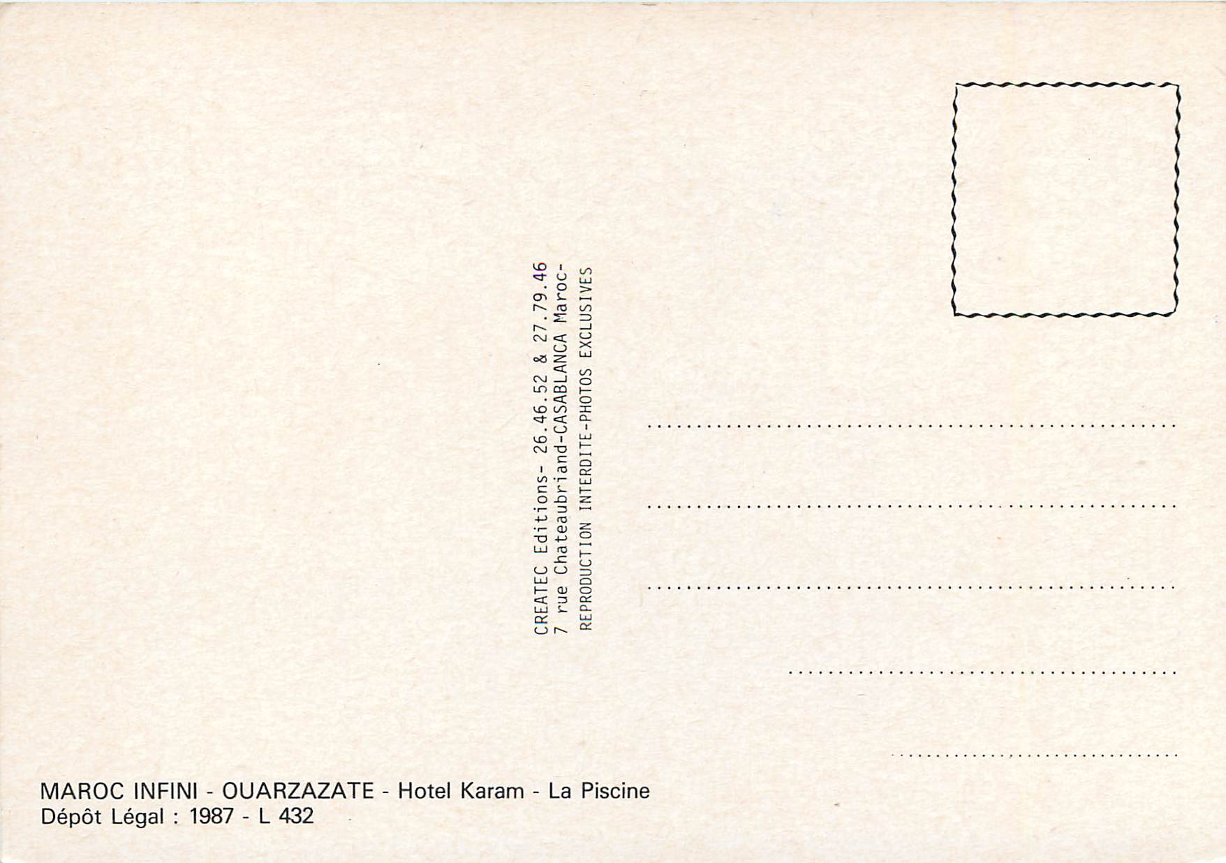 CPM Ouarzazate Hotel Karam La Piscine — Rückseite
