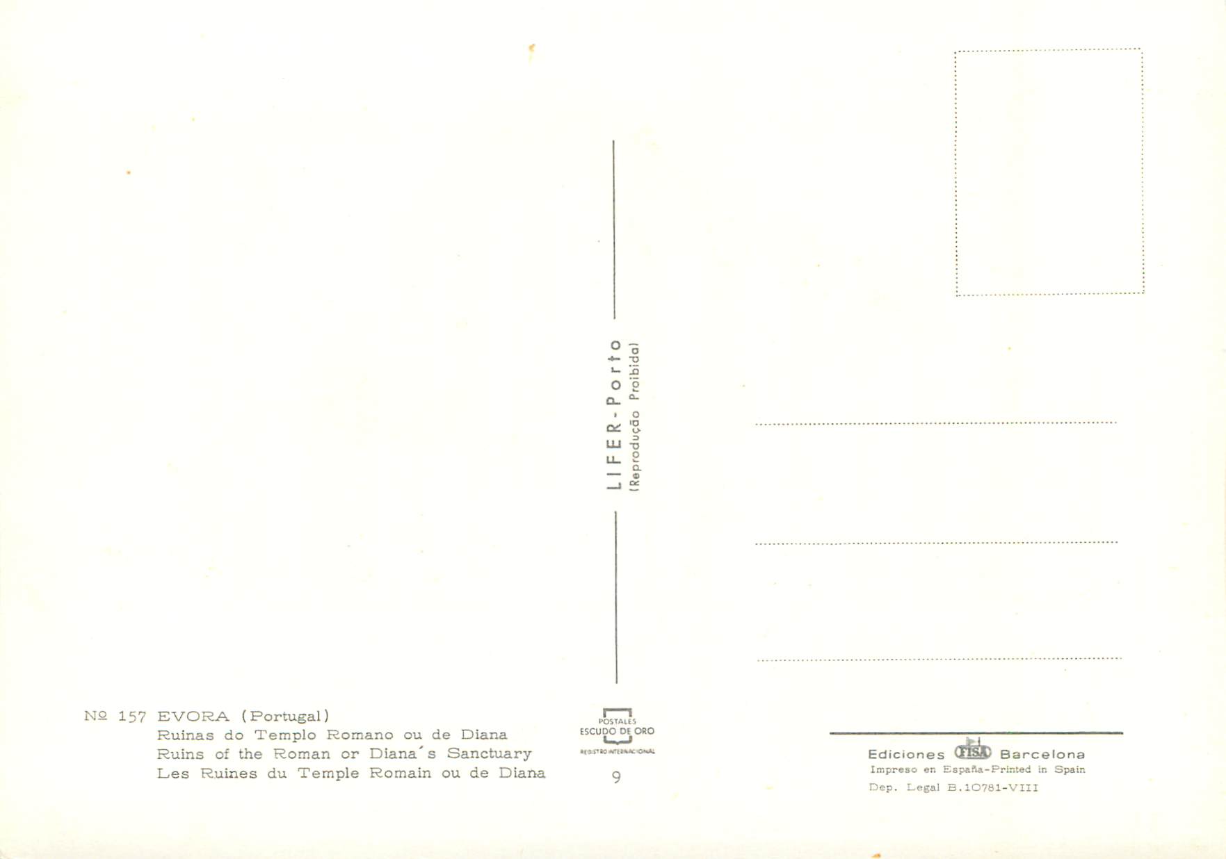 CPM Portugal Evora Les Ruines du Temple Romain ou de Bians — Rückseite