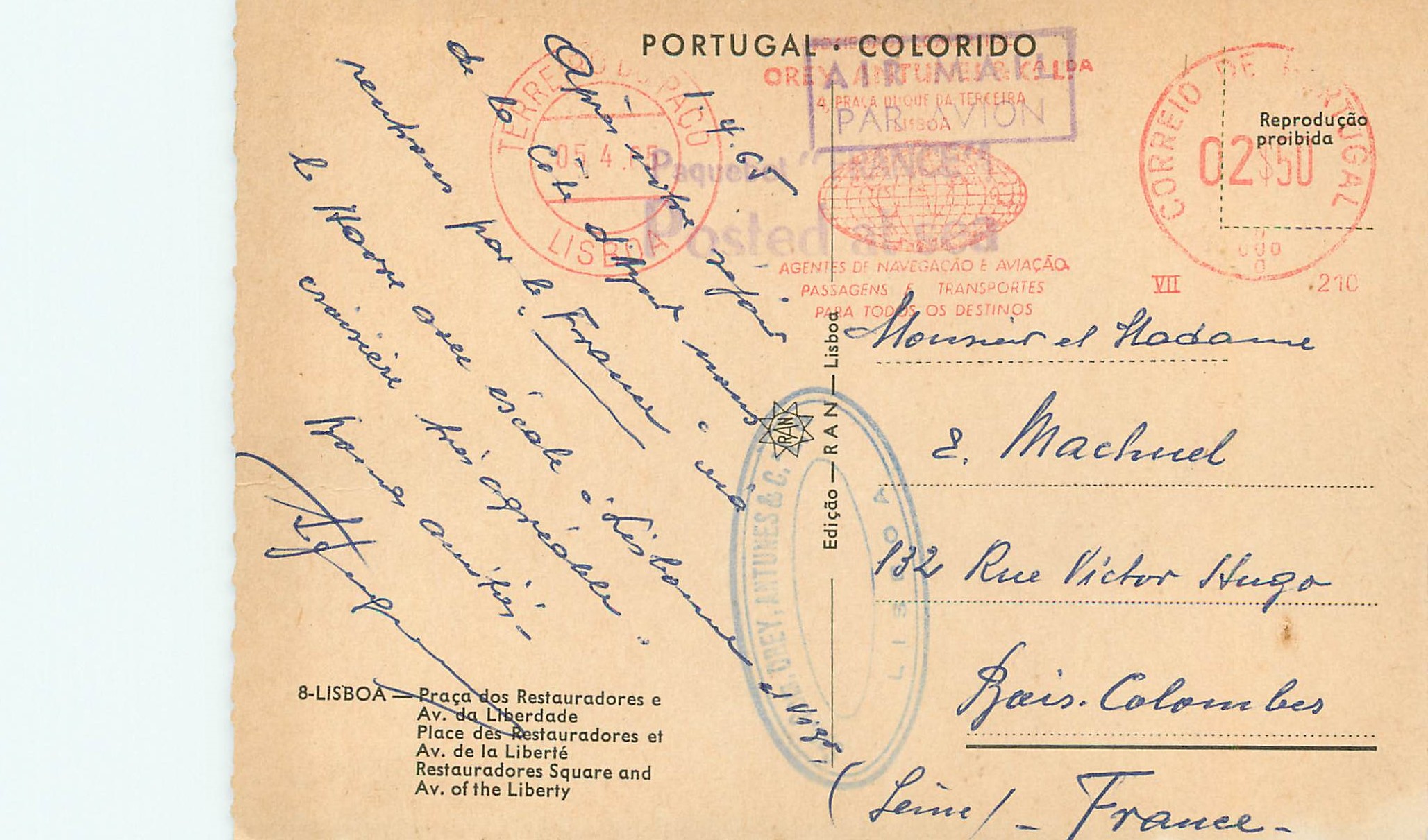 CPM Lisboa Place des Restauradores et Av de la Liberte — Rückseite