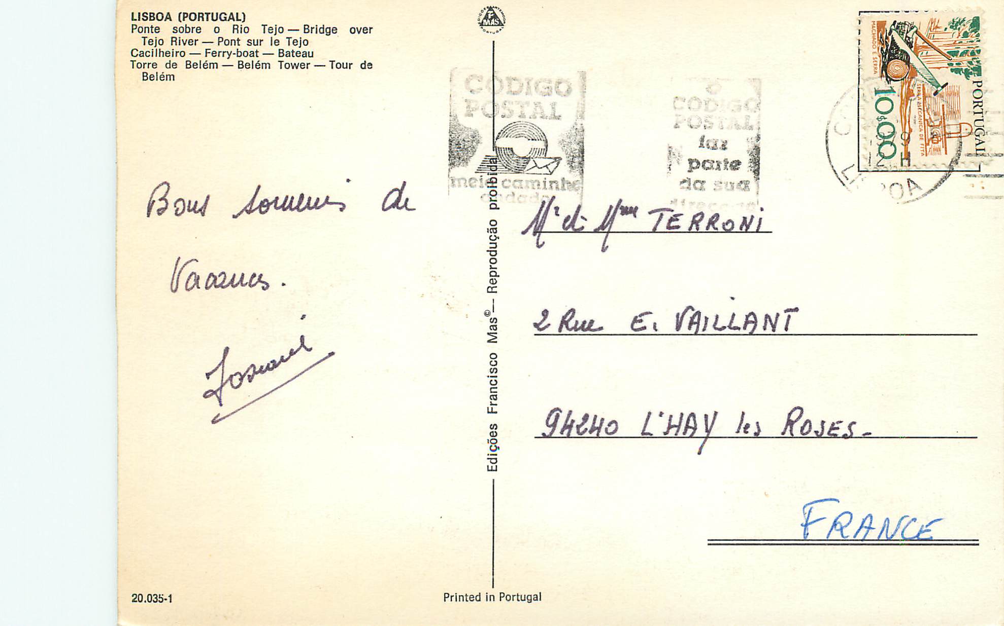 CPM Lisboa portugal pont sur le tojo — Rückseite