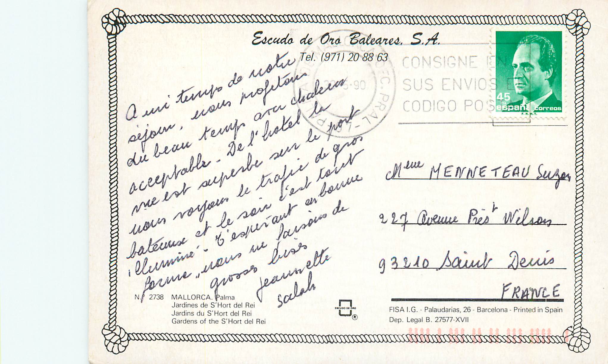 CPM N 2738 mallorca palma jardins du st hort del rei — Rückseite