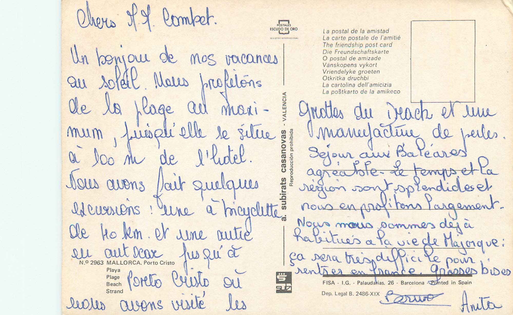 CPM Mallorca porto cristo n 2963 plage — Rückseite