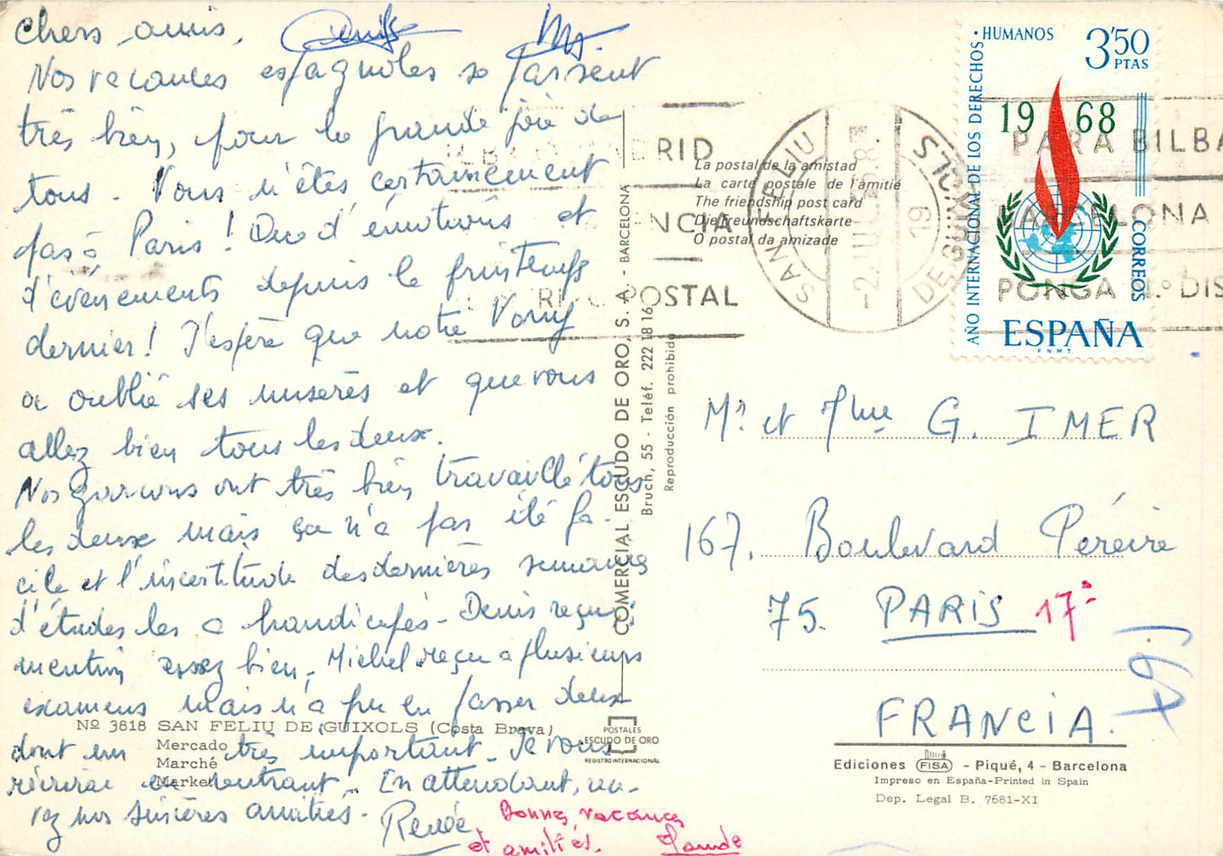 CPM Costa brava espana san feliu de guixols n 3818 — Back