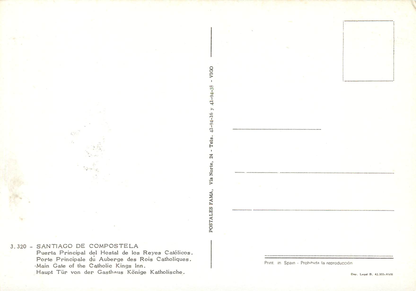 CPM Santiago de compostela 3320 porte principale du auberge des rois catholiques — Verso
