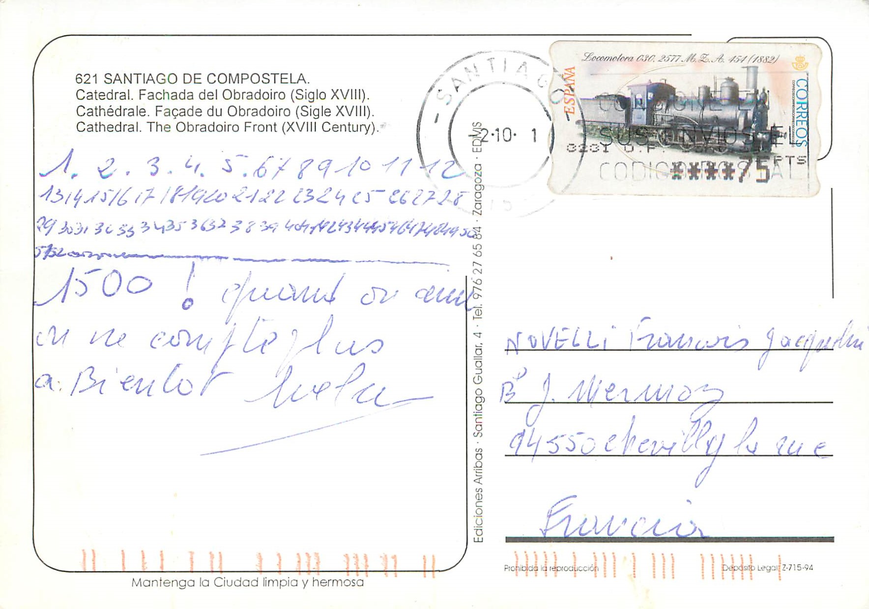 CPM Santiago de compostela 621 cathedrale facade du obradoiro(sigle xviii) — Rückseite