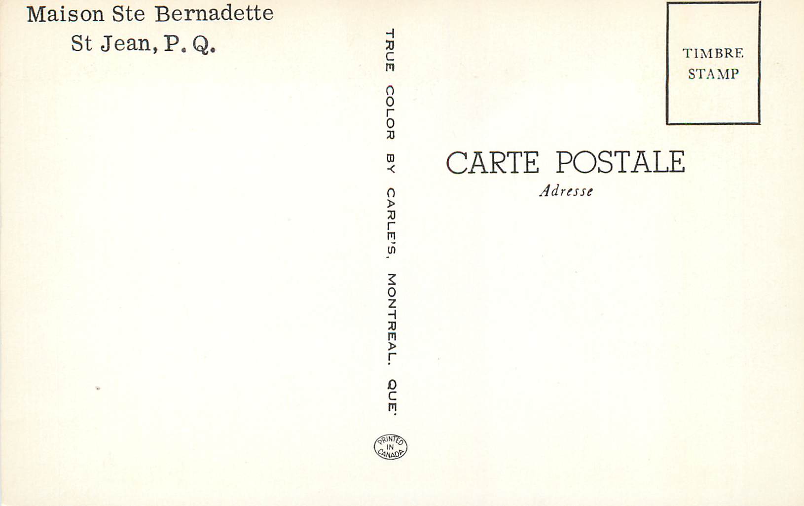 CPM Canada Maison Ste Bernadette St Jean P Q — Back