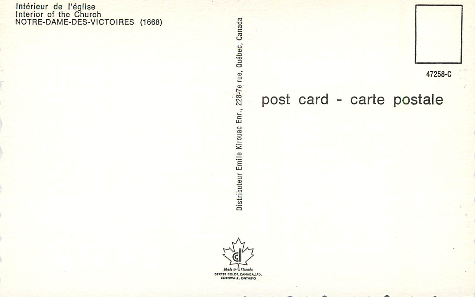 CPM Canada Interieur de l'eglise Notre-Dame-Des-Victoires — Back