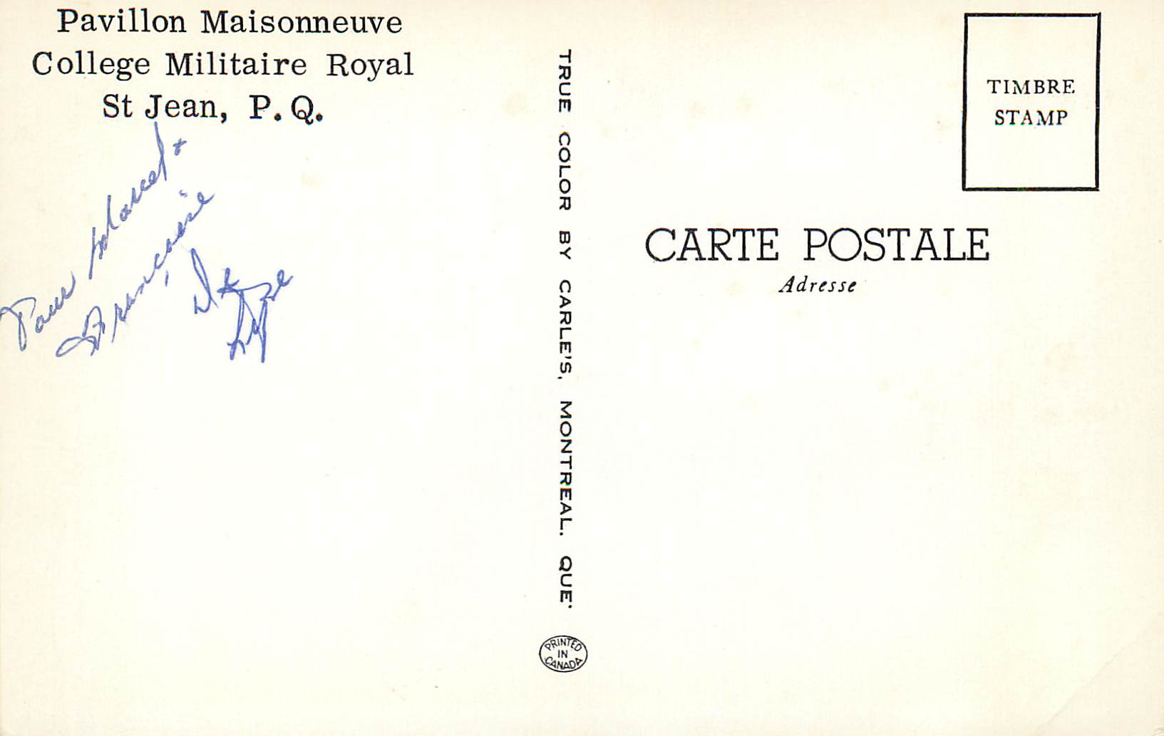 CPM Canada Pavillon Maisonneuve College Militaire Royal St Jean P Q — Back