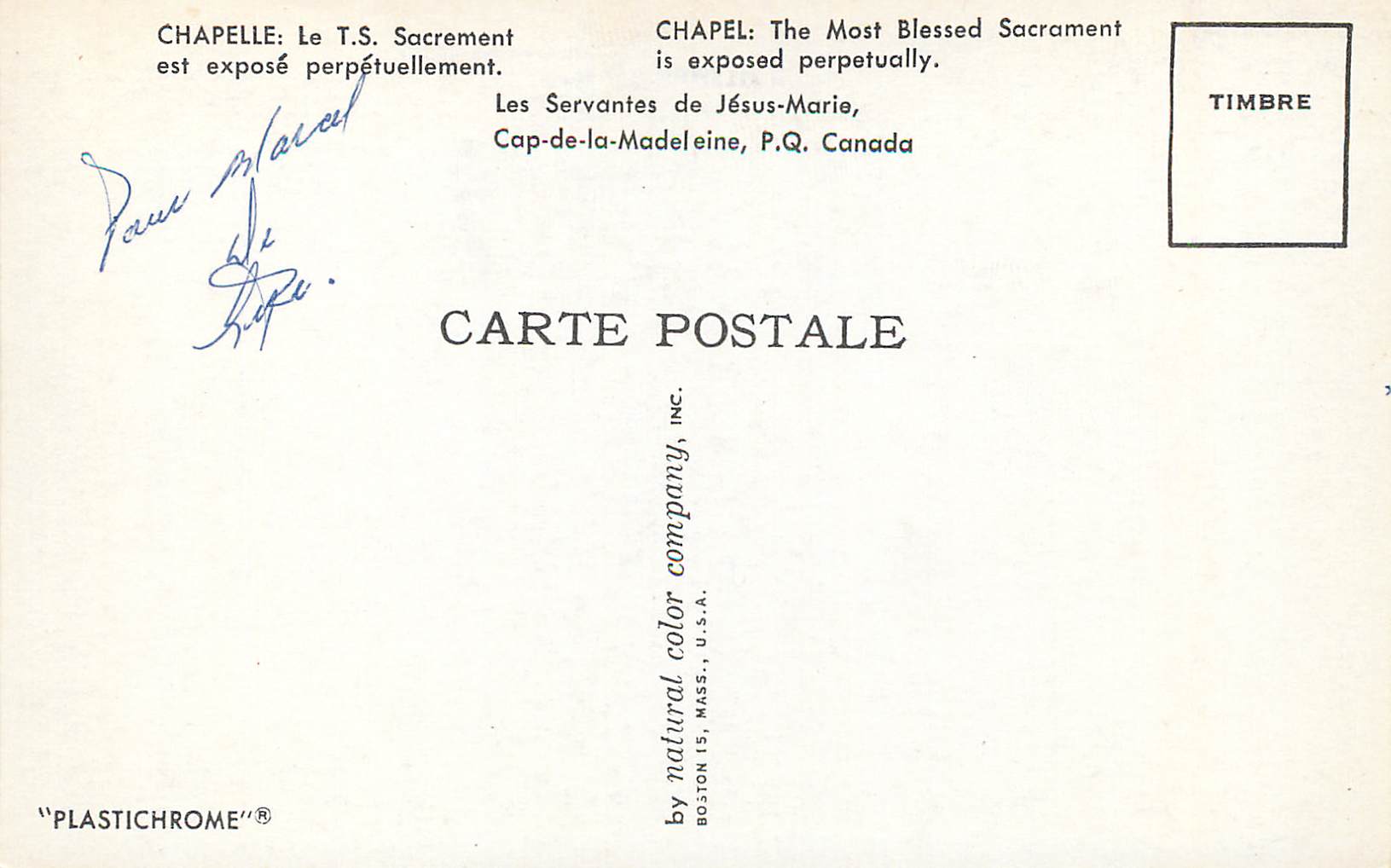 CPM Canada Chapelle Le T S Sacrement est expose perpetuellment Les Servaines de Jesus-Marie — Back