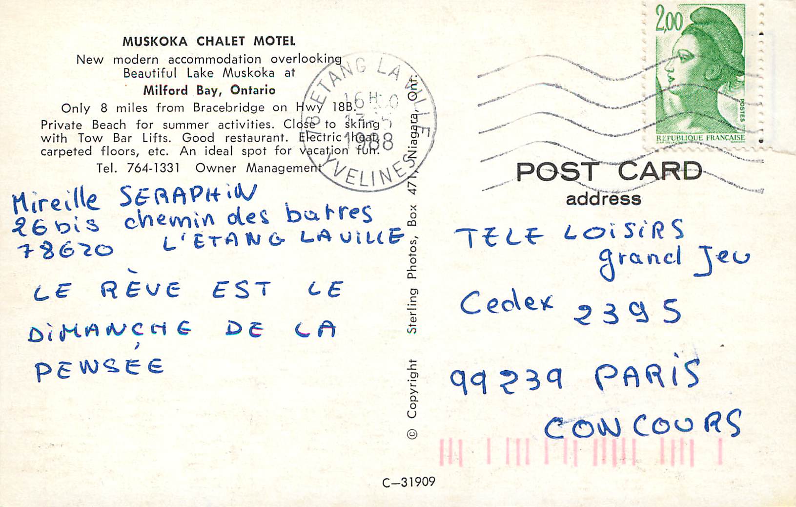 CPM Canada Ontario Milford Bay Muskoka Chalet Motel — Back